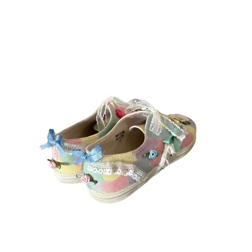 Vintage Cottagecore Embellished Canvas Sneakers Women’s Size 7 Handmade 90s